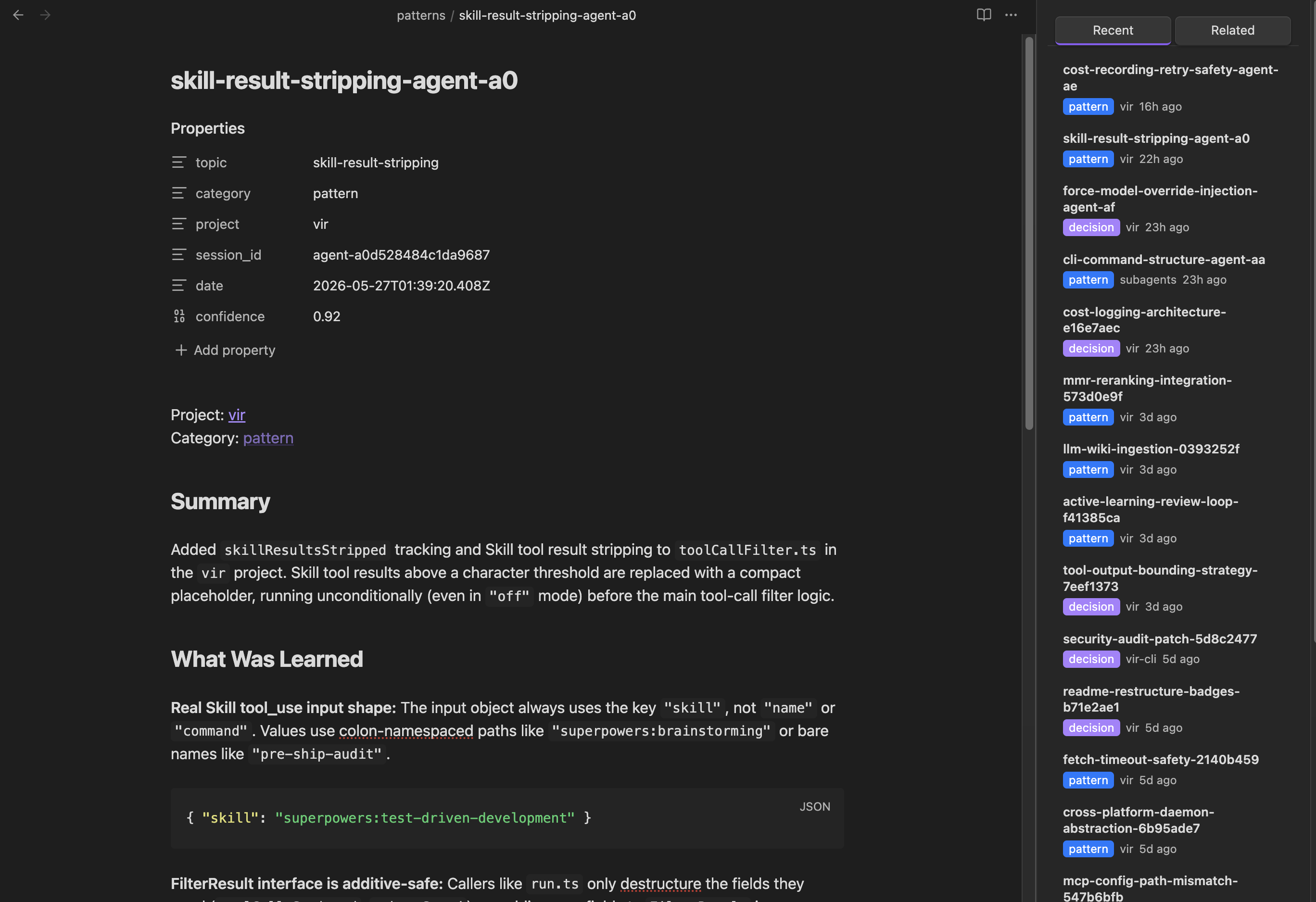 Vir's Recent tab in the Obsidian sidebar beside an open distilled note showing vir frontmatter