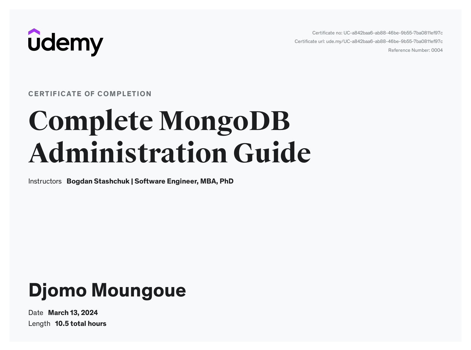 MongoDB Administration Certificate Of Completion Udemy
