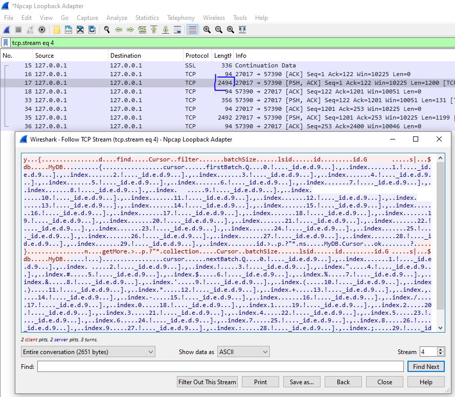 MongoDB Batch Size Inspection Using Wireshark