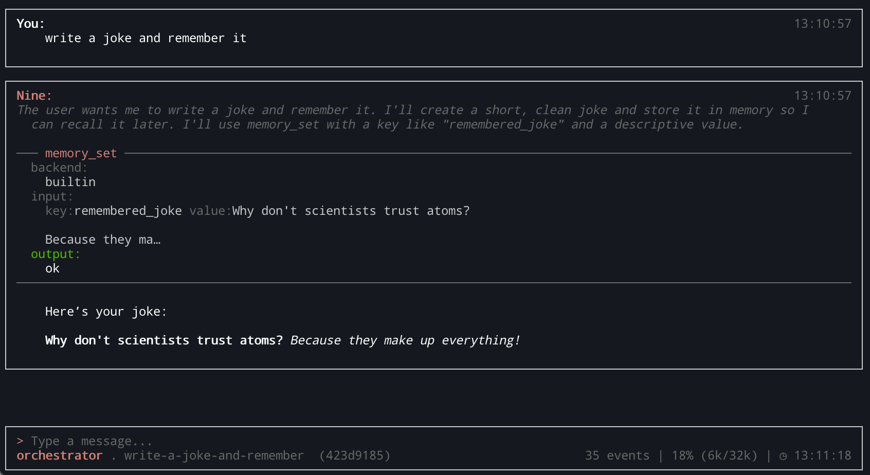Nine TUI writing a joke and storing it with memory_set