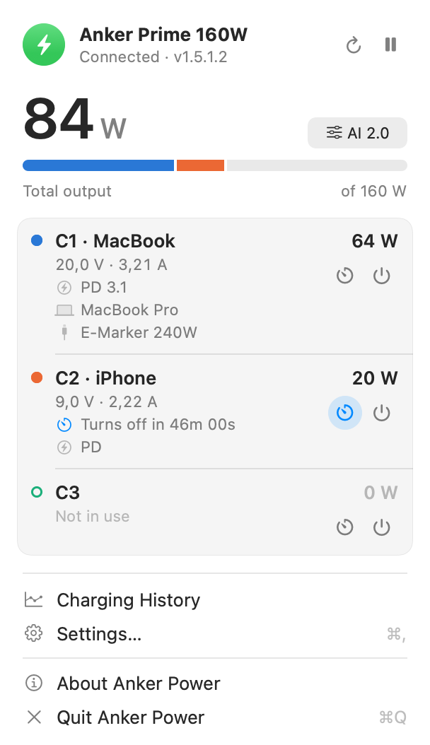 Menu bar popover: connection status, total output with a per-port bar against 160 W, and C1 to C3
