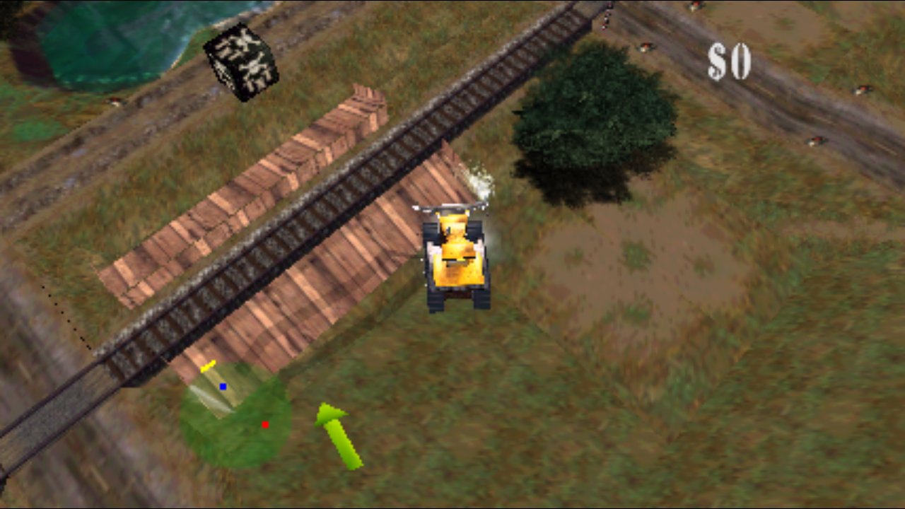 Player bulldozer demolishing a structure in Simian Acres, running in Power Dozer