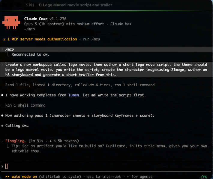 Claude Code driving the dw MCP server: creating a workspace, authoring a script, and generating from it