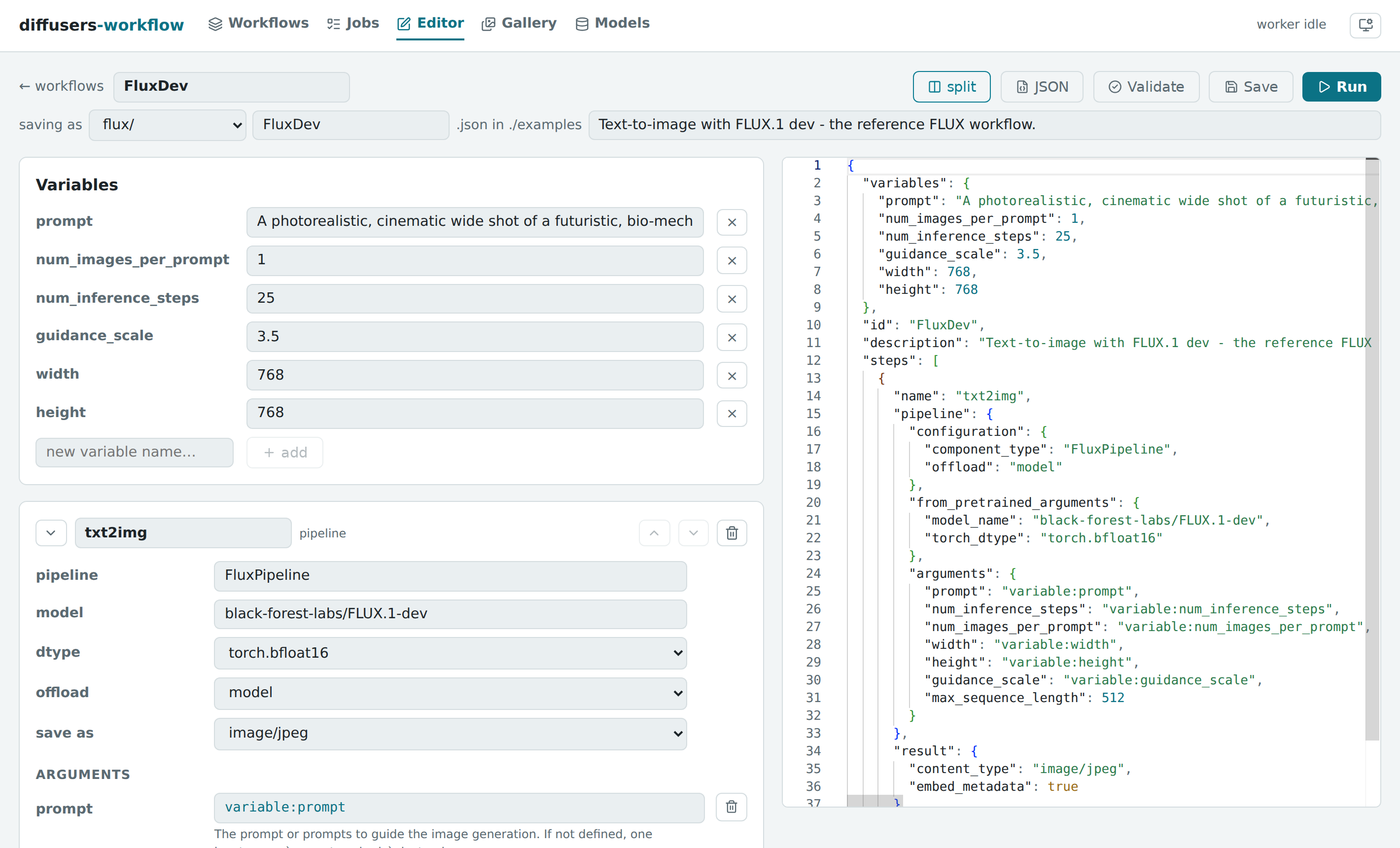 The editor: introspection-driven forms beside live JSON in Monaco