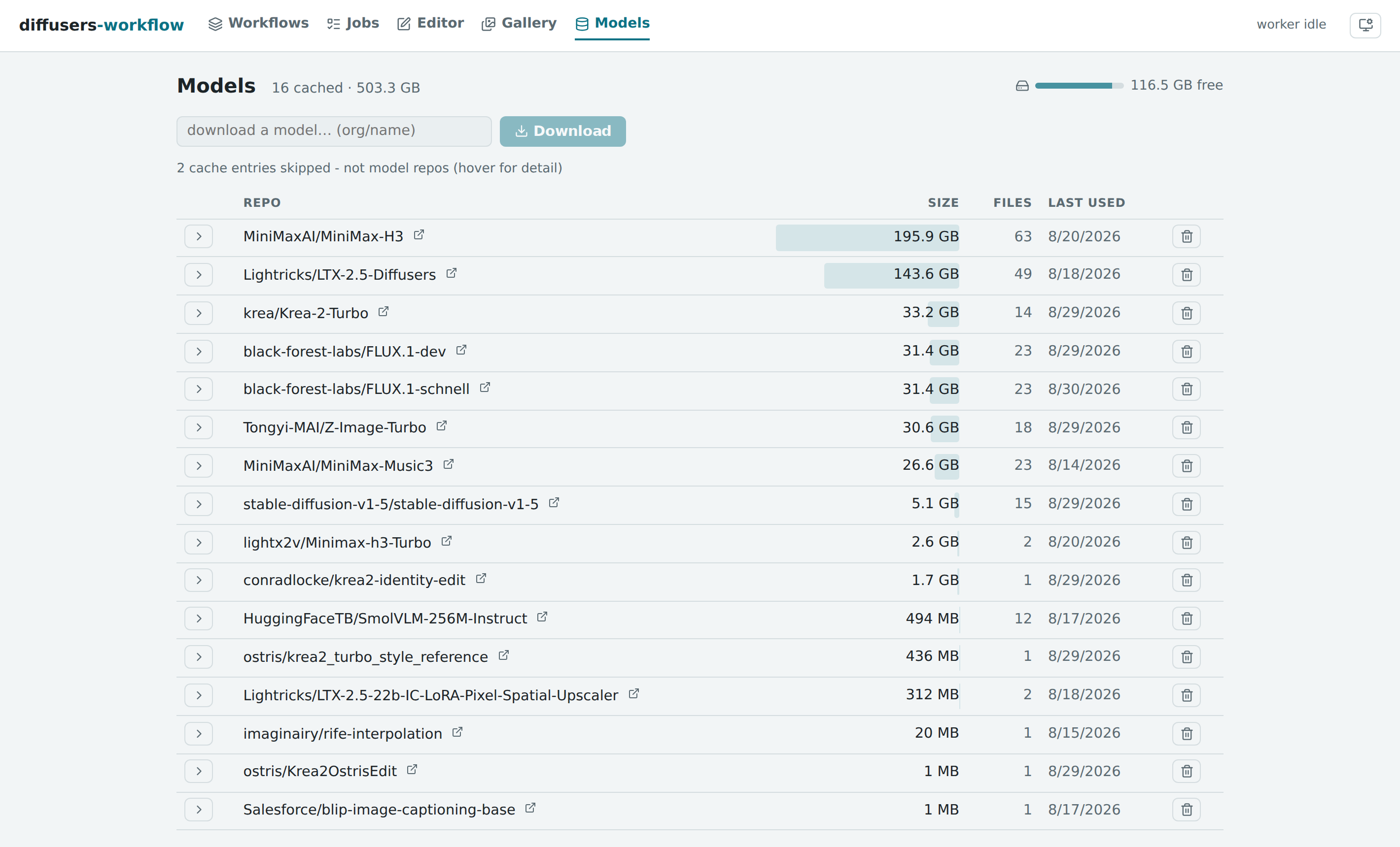 The model manager listing cached models with sizes
