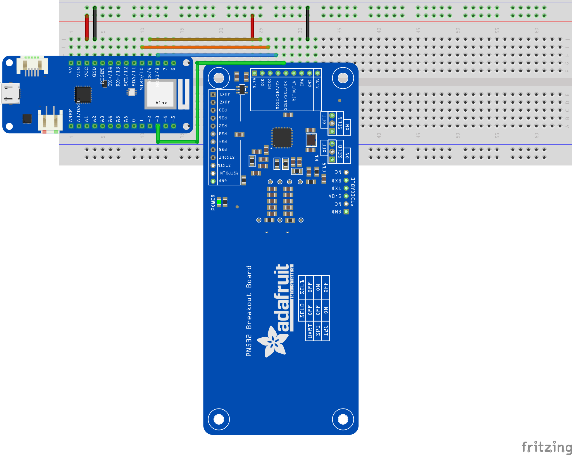 Wire the MKR WiFi 1010 and the PN532 together on a solderless breadboard, using the SPI interface.