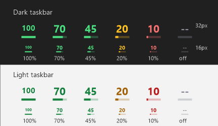 Icon states across battery levels and Windows themes