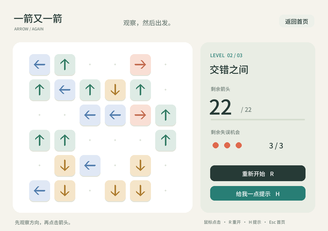 第二关游戏界面:棋盘、关卡、剩余箭头、剩余失误次数