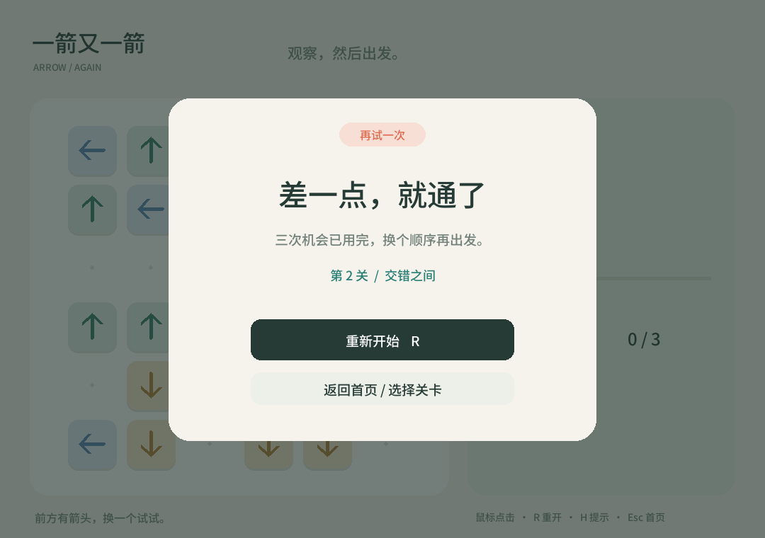 失败界面:失误用尽后可重新开始