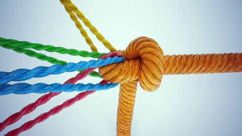 Big Orange rope pulling several colorful small ropes