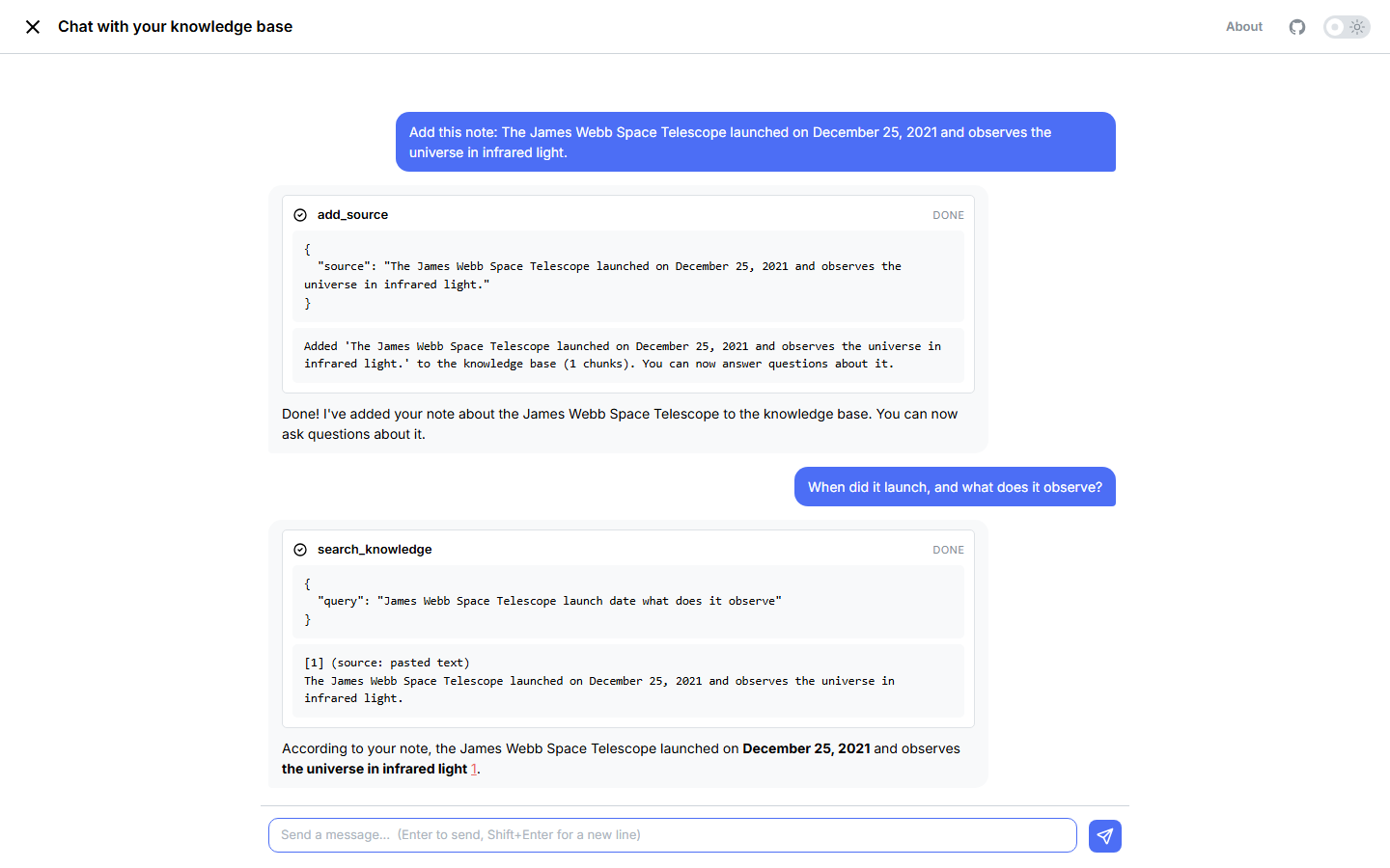 Chat with your knowledge base — adding a source, then a grounded, cited answer