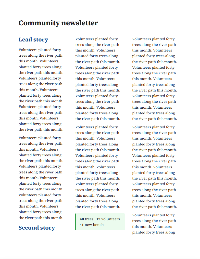 A three-column newsletter page with a pinned masthead that repeats on every page