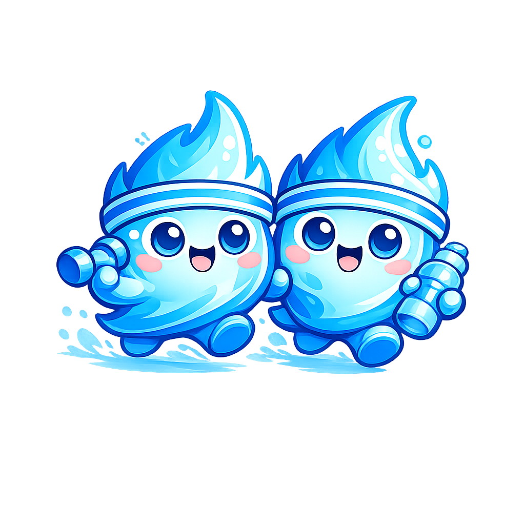 Fit and Em, two blue flame fitness companions, ready to exercise together