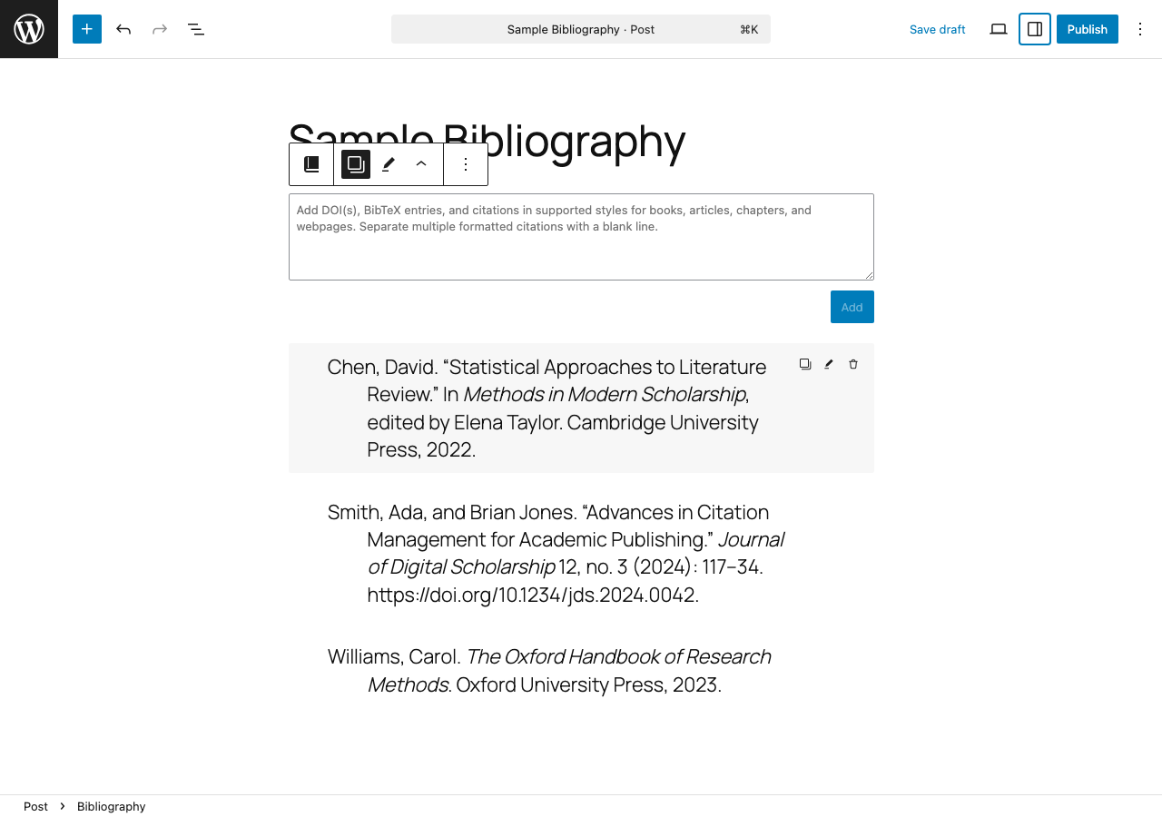 Bibliography Builder settings sidebar with citation style, metadata output, and export actions.