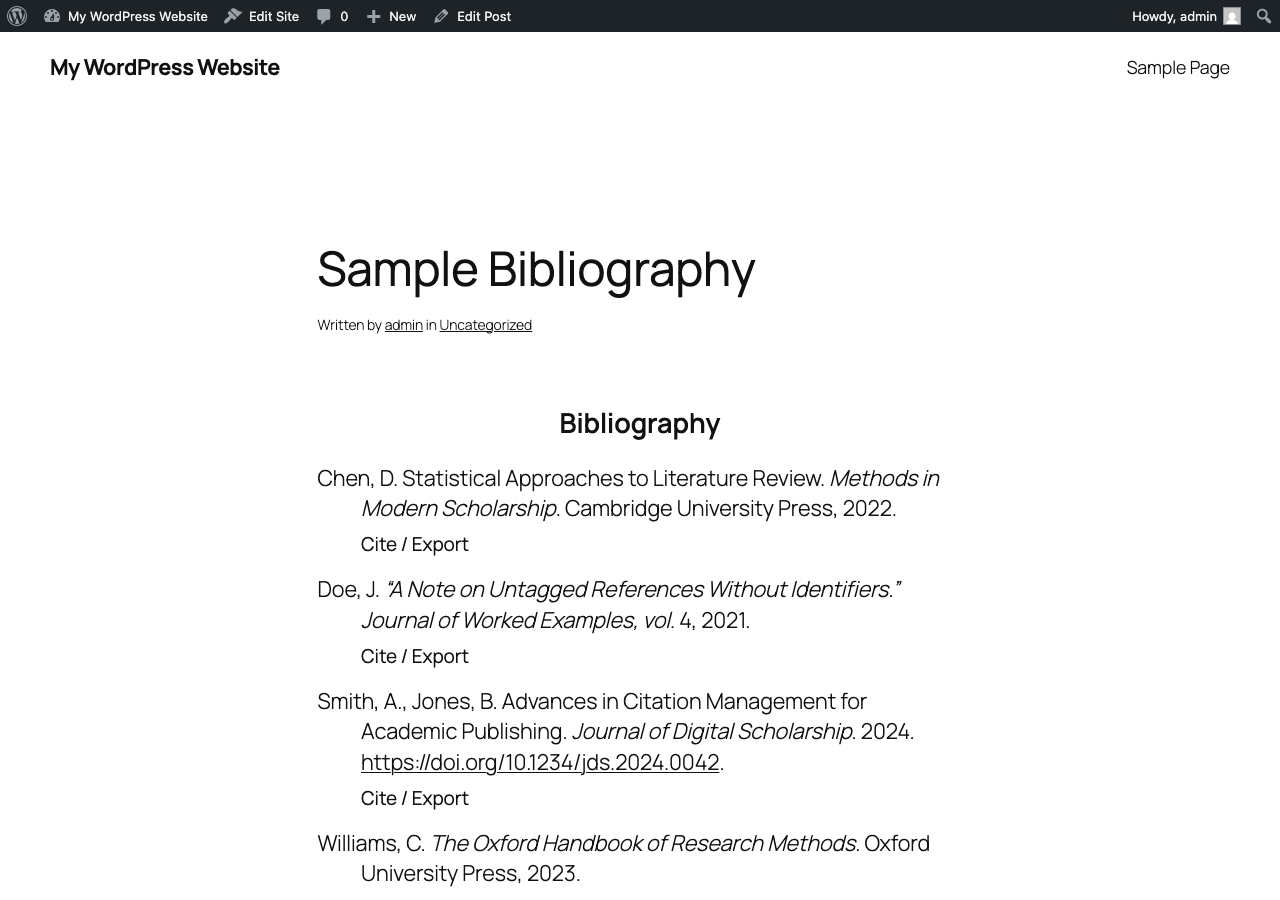 Borges Bibliography Builder shown in the WordPress block inserter.
