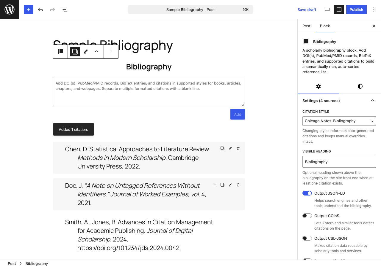 Borges Bibliography Builder manual entry interface with publication type and structured fields.