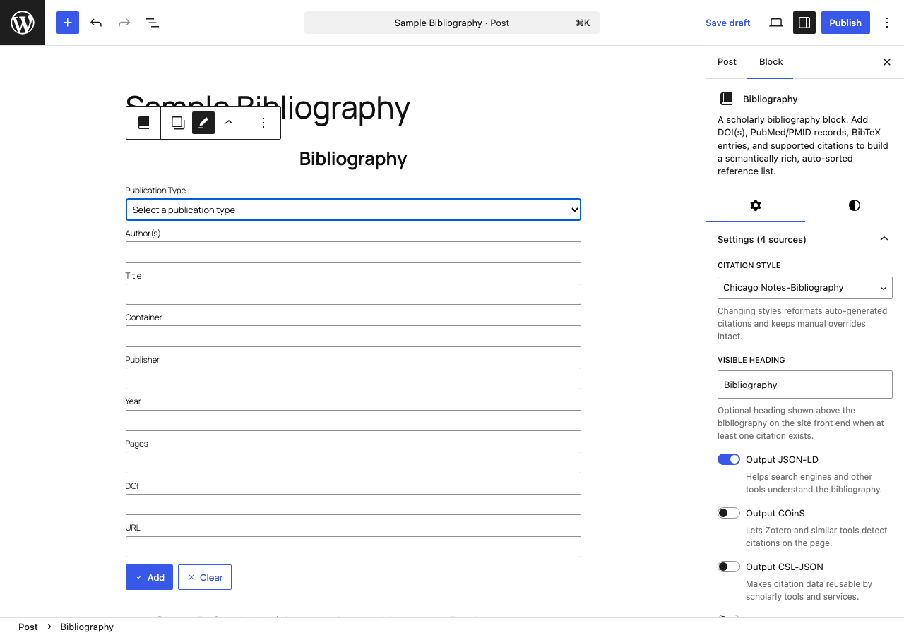Borges Bibliography Builder settings sidebar with citation style, metadata output, and export actions.
