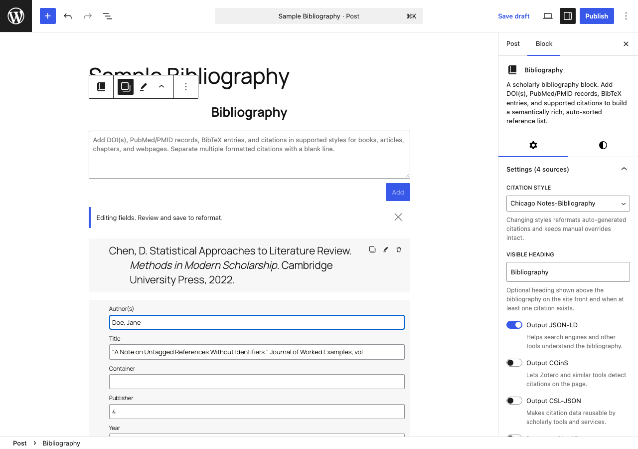 Rendered Borges Bibliography Builder output on the front end with linked URLs and semantic markup.