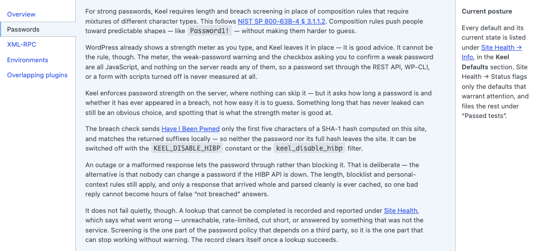 The Keel Passwords help tab explains password length and breach screening without composition rules.