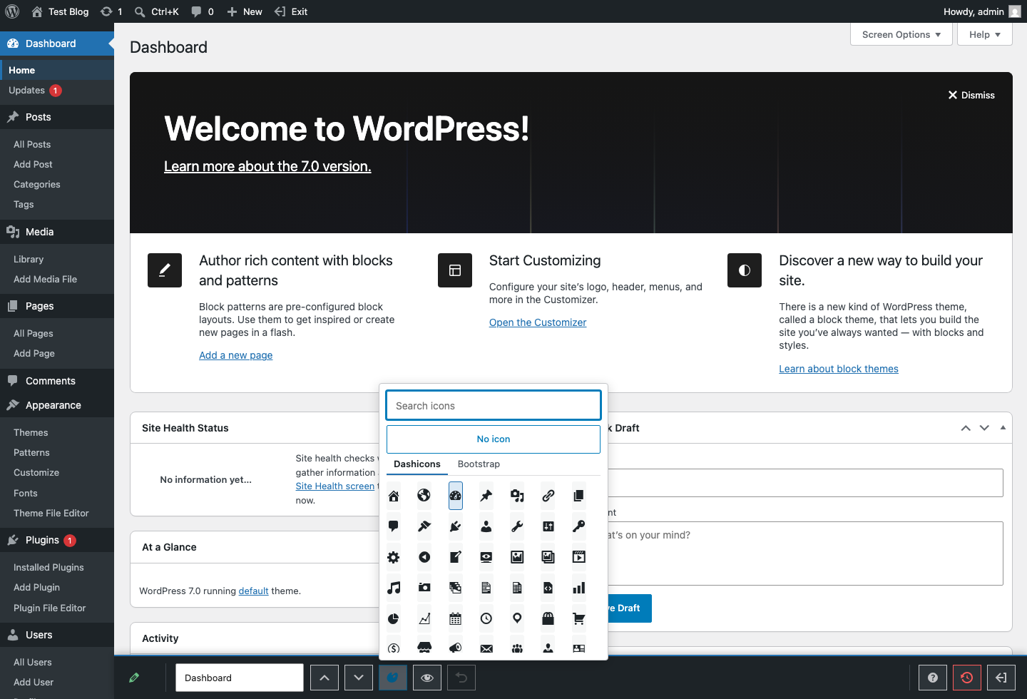 Admin Menu Maestro searchable icon picker with Dashicons and Bootstrap Icons tabs.