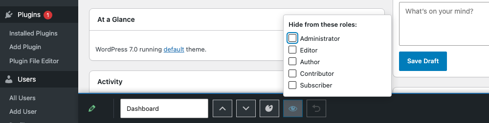 Admin Menu Maestro per-role visibility picker for hiding a menu item from selected roles.