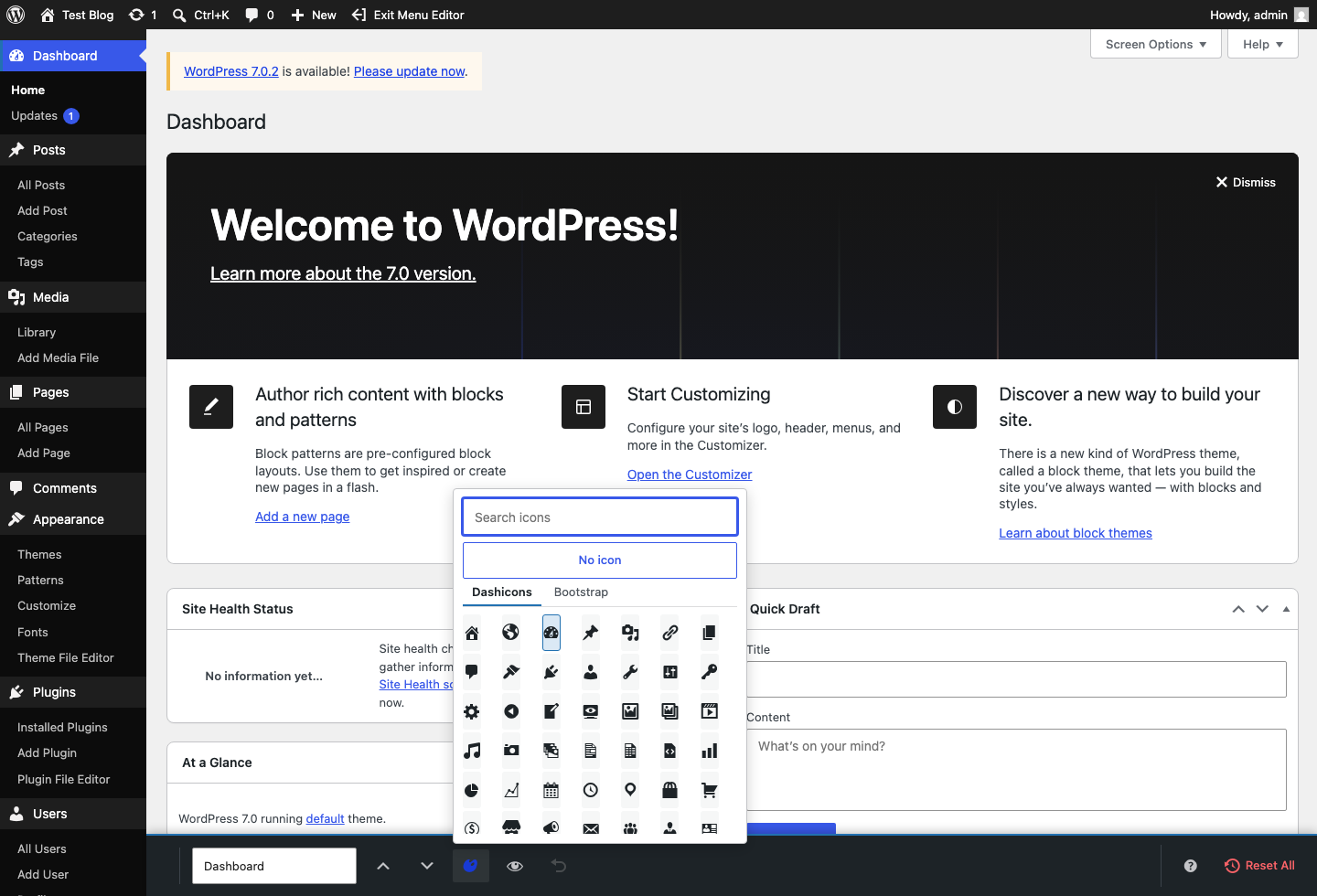 Admin Menu Maestro searchable icon picker with Dashicons and Bootstrap Icons tabs.