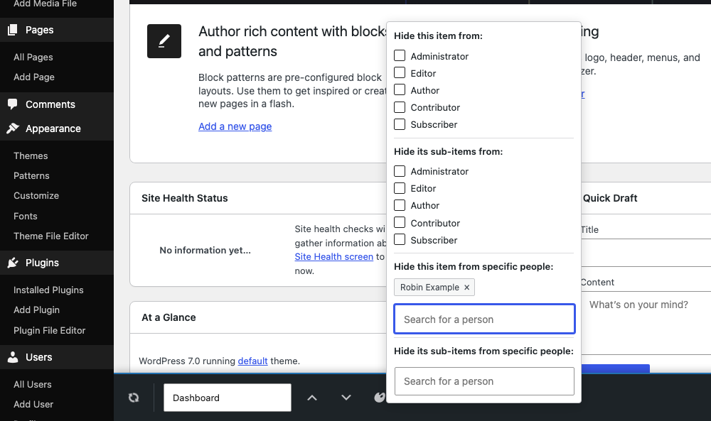Admin Menu Maestro visibility picker with controls for roles, named people, and a parent item’s sub-items.