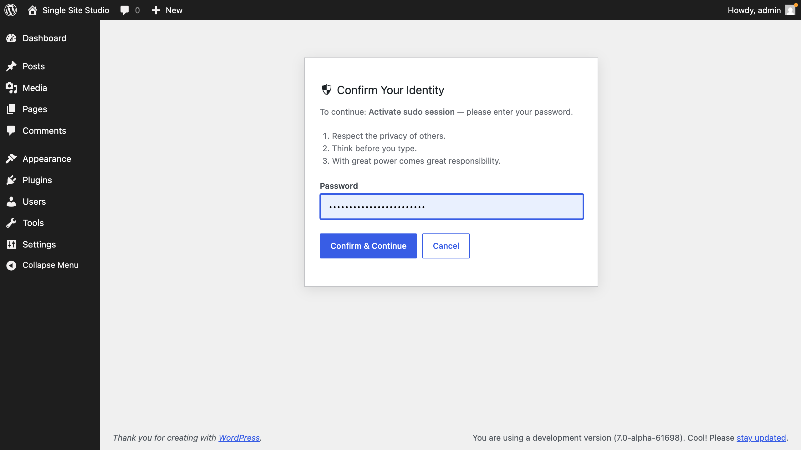 Sudo challenge page showing the reauthentication interstitial with password field.