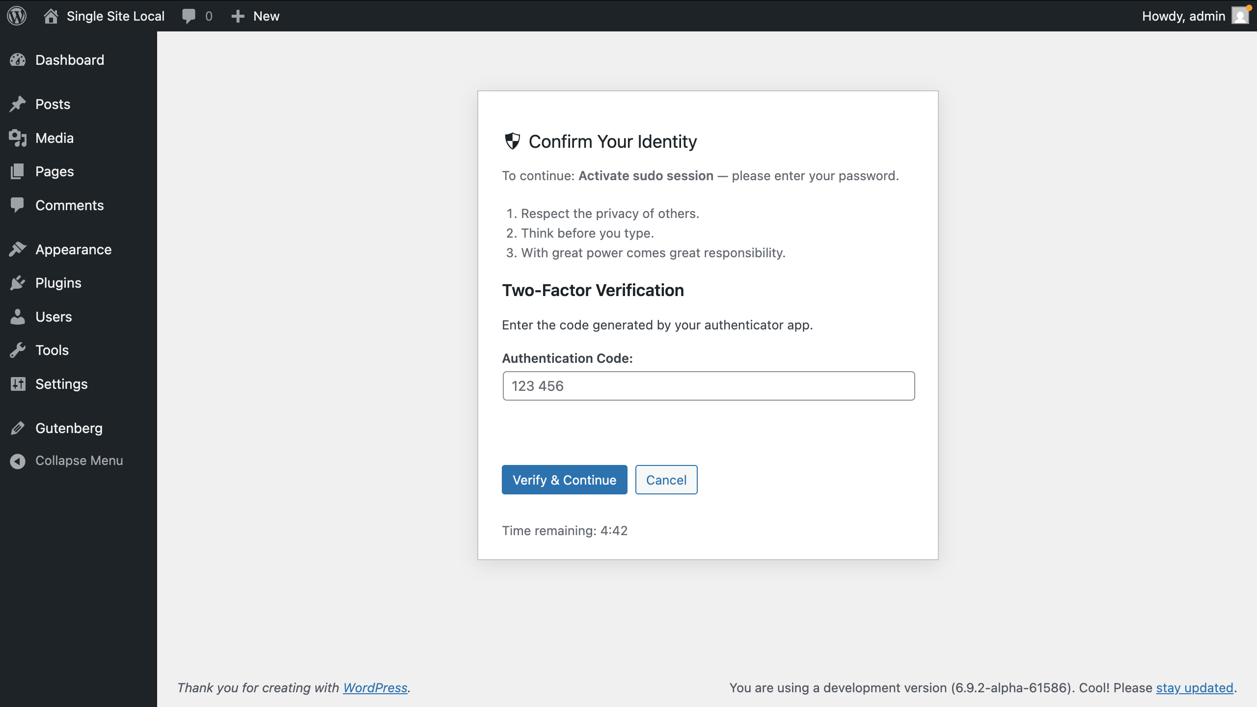 Sudo two-factor authentication step after password confirmation.