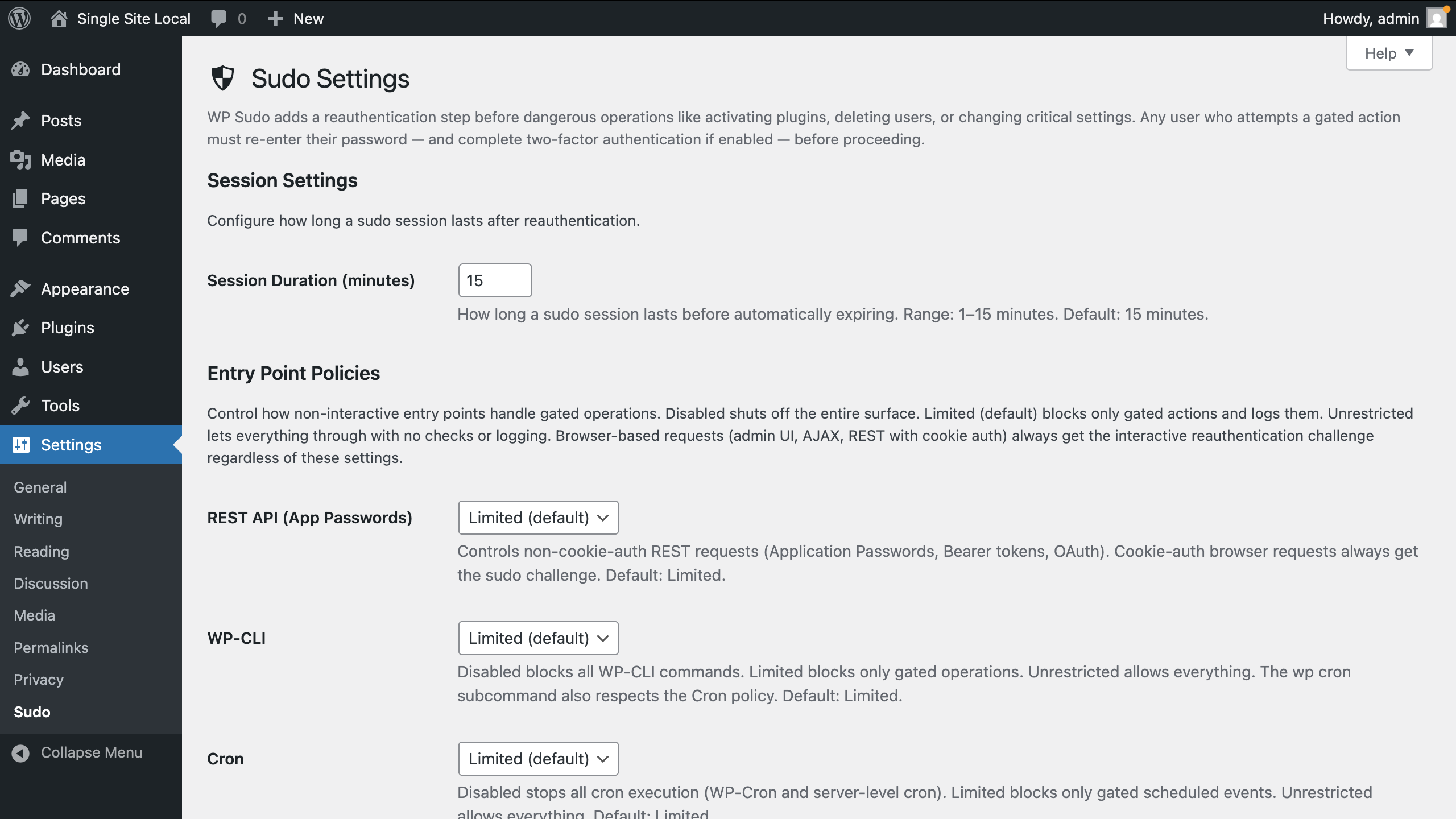 Sudo settings page with session duration and entry point policies.