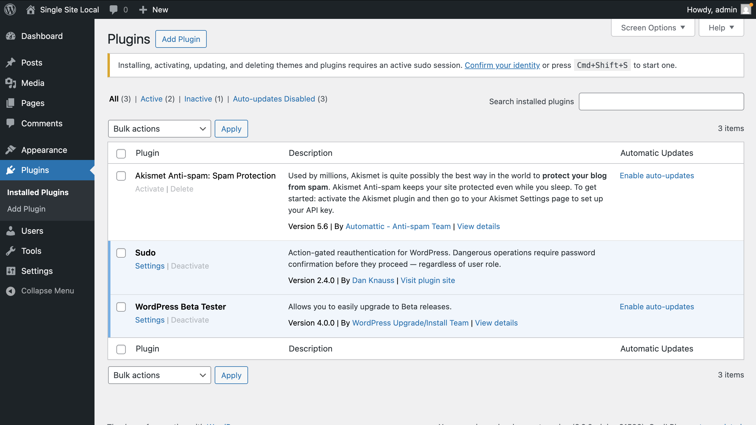 Sudo gate notice on the plugins page when no sudo session is active.