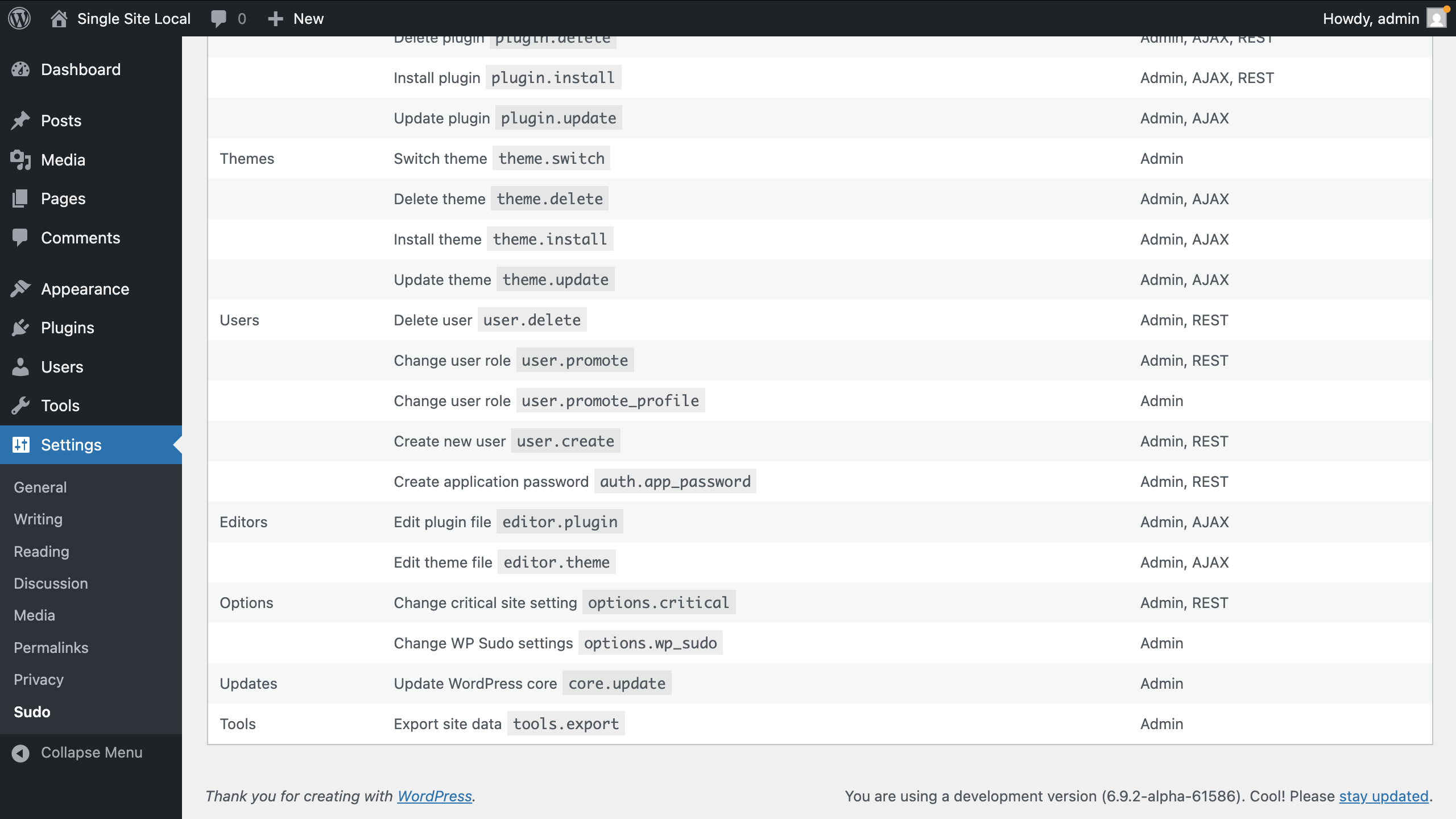Sudo settings page listing all gated actions with categories and surfaces.