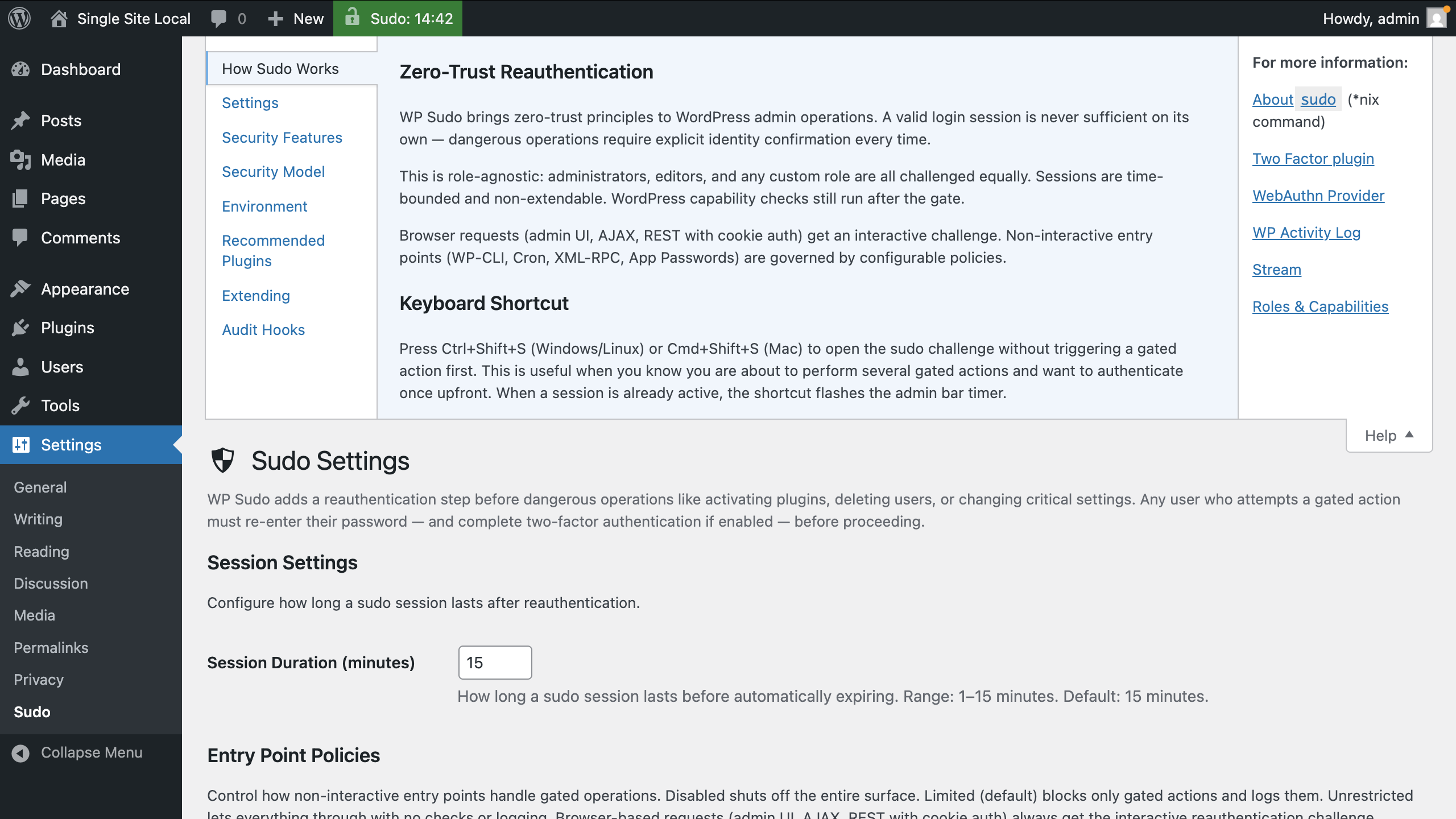WordPress admin bar showing an active Sudo session with a green countdown timer.