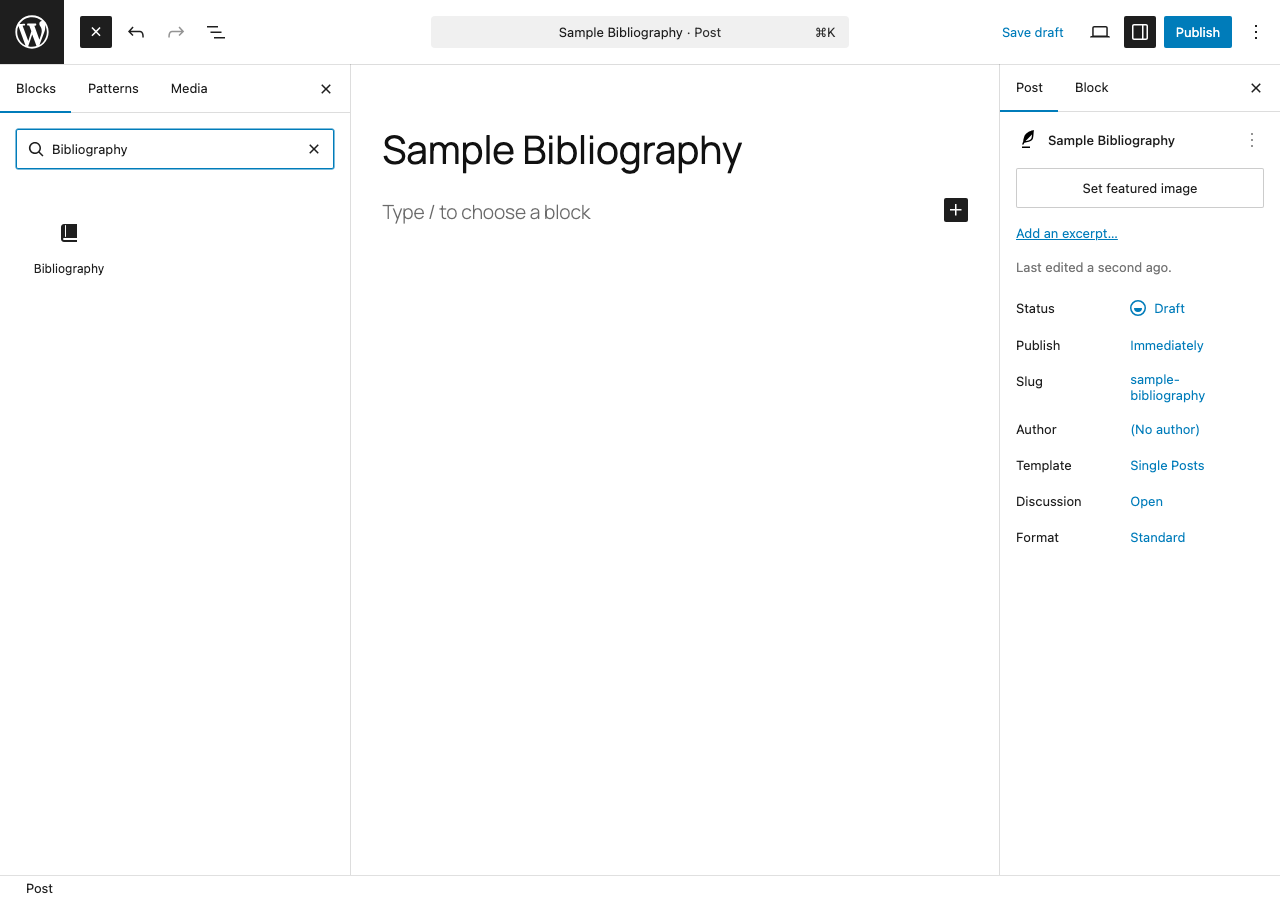 Borges Bibliography Builder shown in the WordPress block inserter.