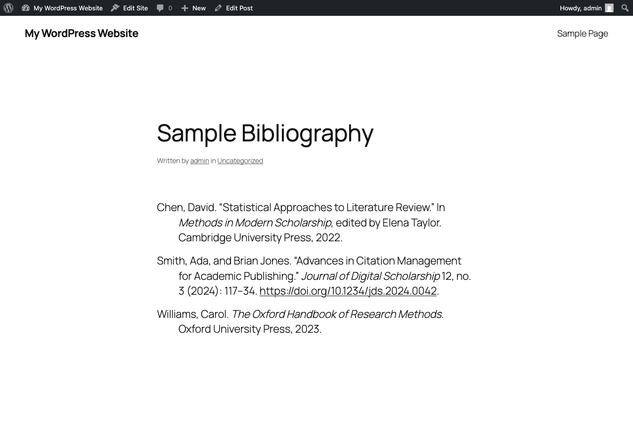 Rendered Borges Bibliography Builder output on the front end with linked URLs and semantic markup.
