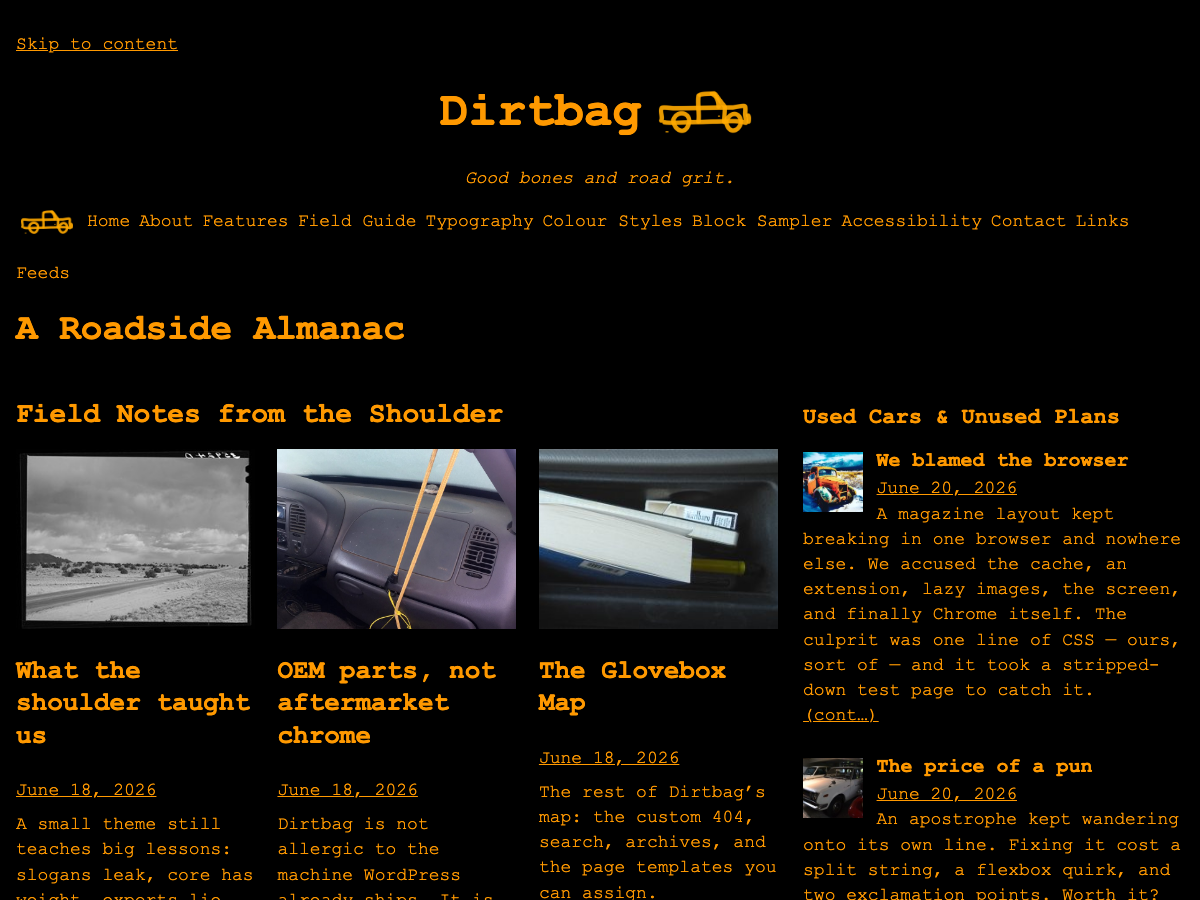 Dirtbag home page in the Amber CRT style