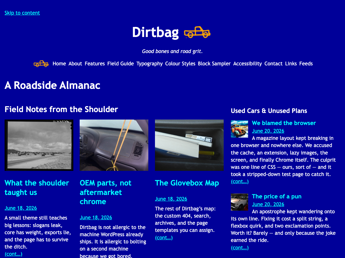 Dirtbag home page in the Blueprint style