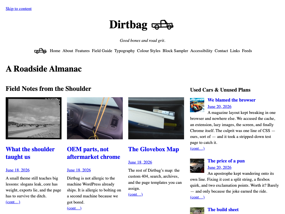 Dirtbag home page in the Brutalist default style