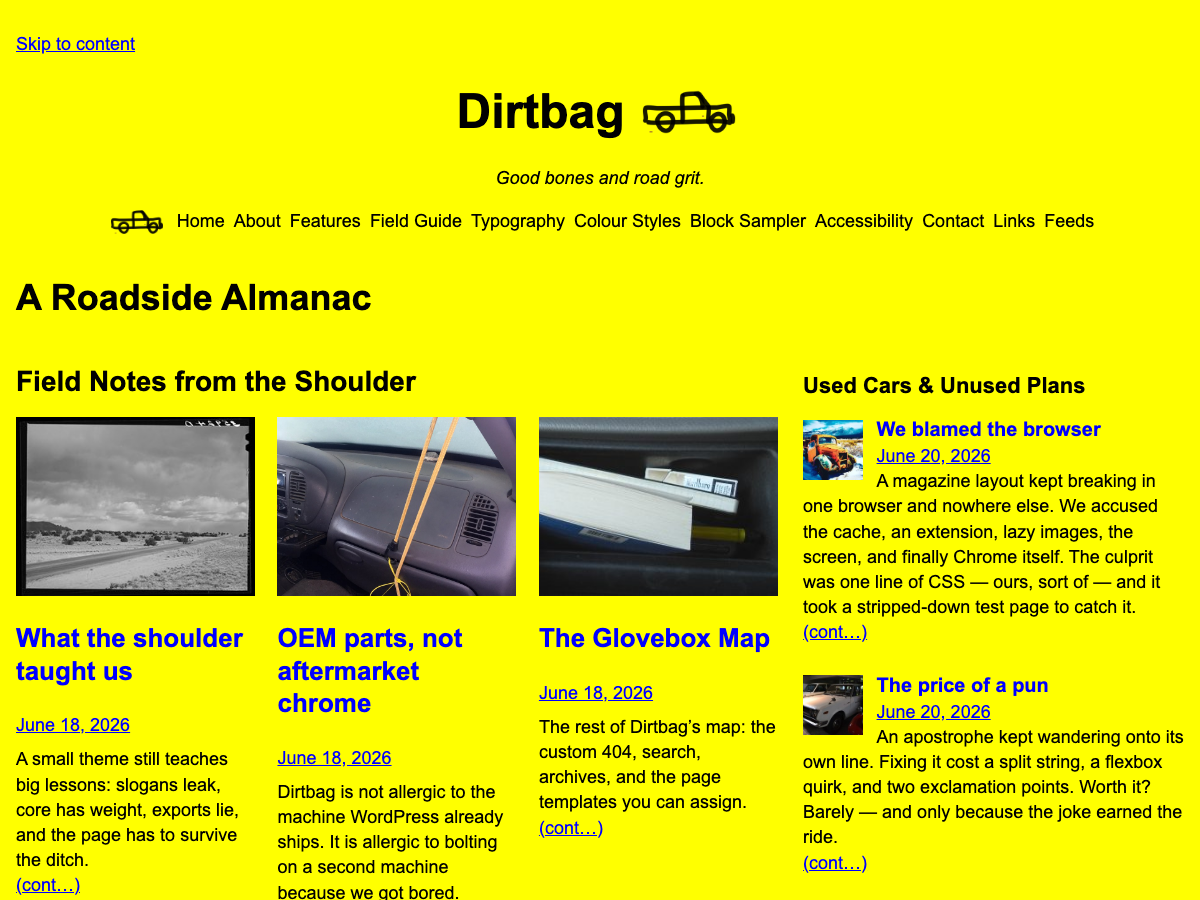 Dirtbag home page in the Hi-vis style
