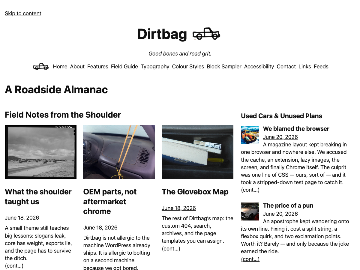 Dirtbag home page in the Minimalist style