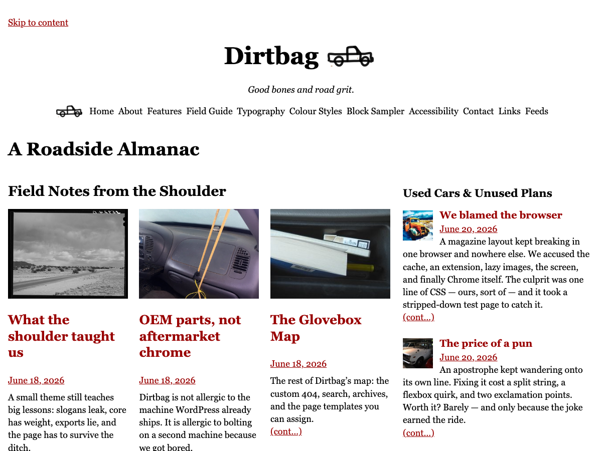 Dirtbag home page in the Newspaper style