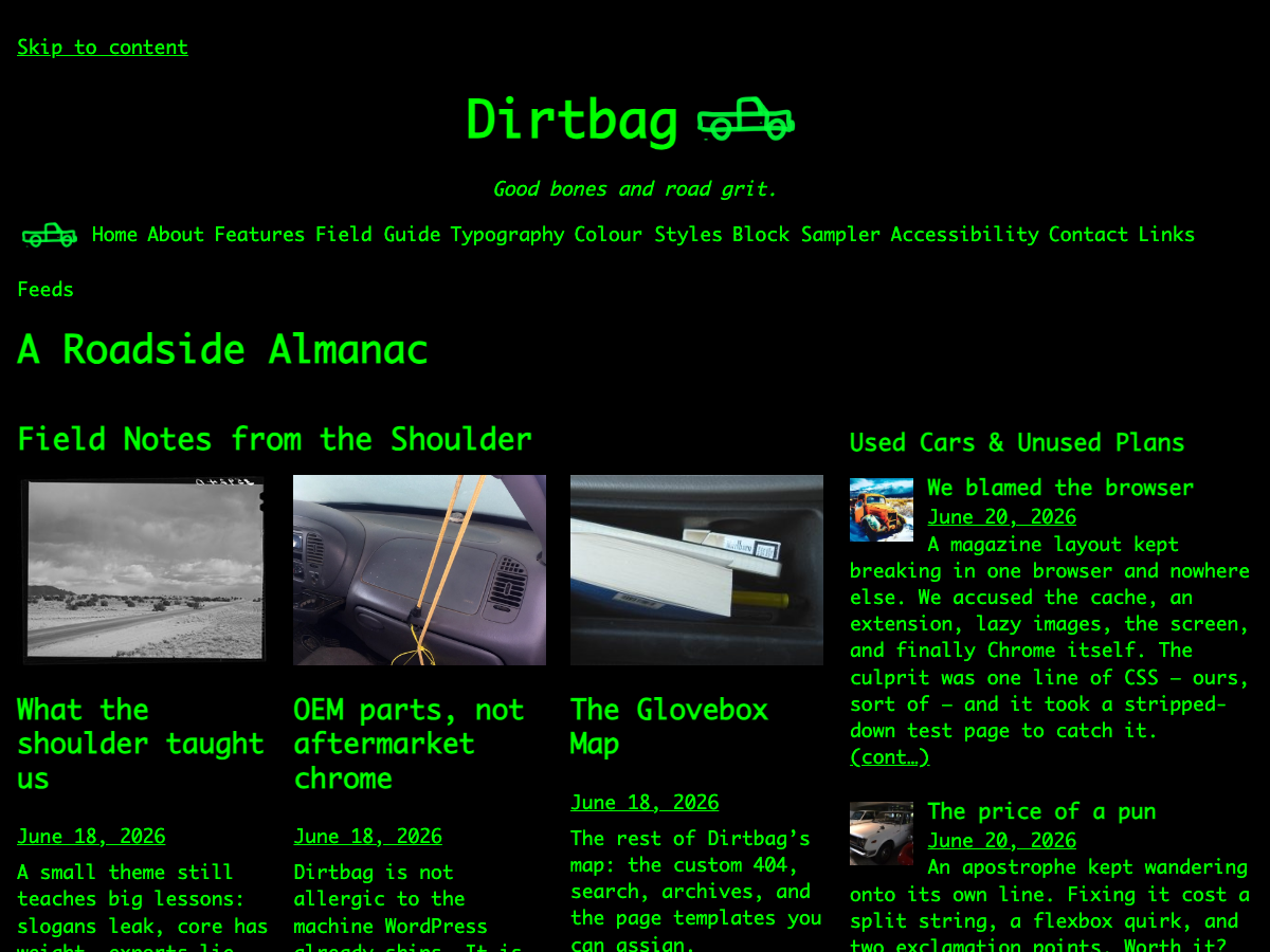 Dirtbag home page in the Terminal style