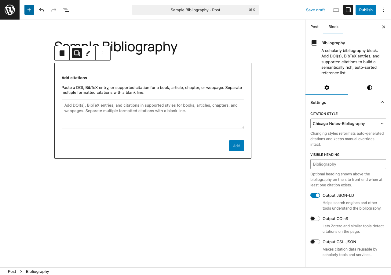 Bibliography default import form with DOI, BibTeX, and citation text input.