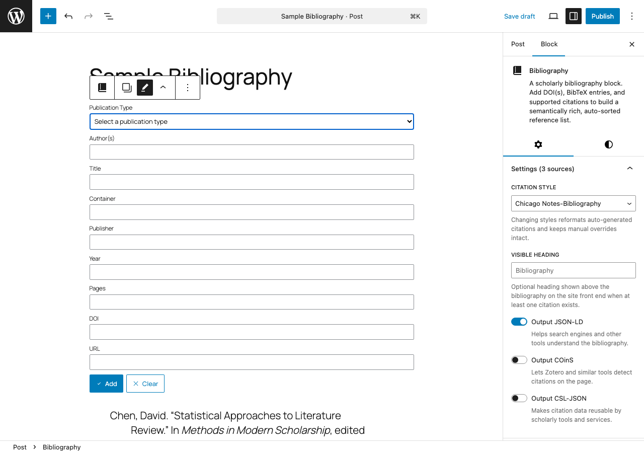 Bibliography manual entry interface with Publication Type and structured fields.