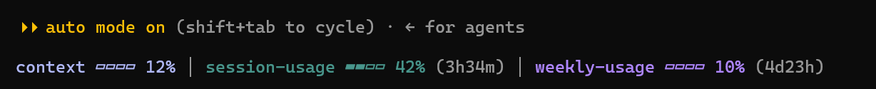 The meter under the prompt's hint line: context 12%, session 42% resetting in 3h34m, weekly 10% resetting in 4d23h