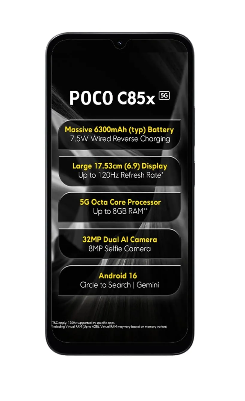 POCO C85x 5G Smartphone camera and display