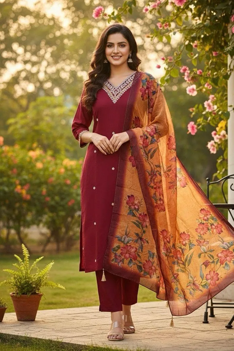 Olive green kurta with embroidery detail
