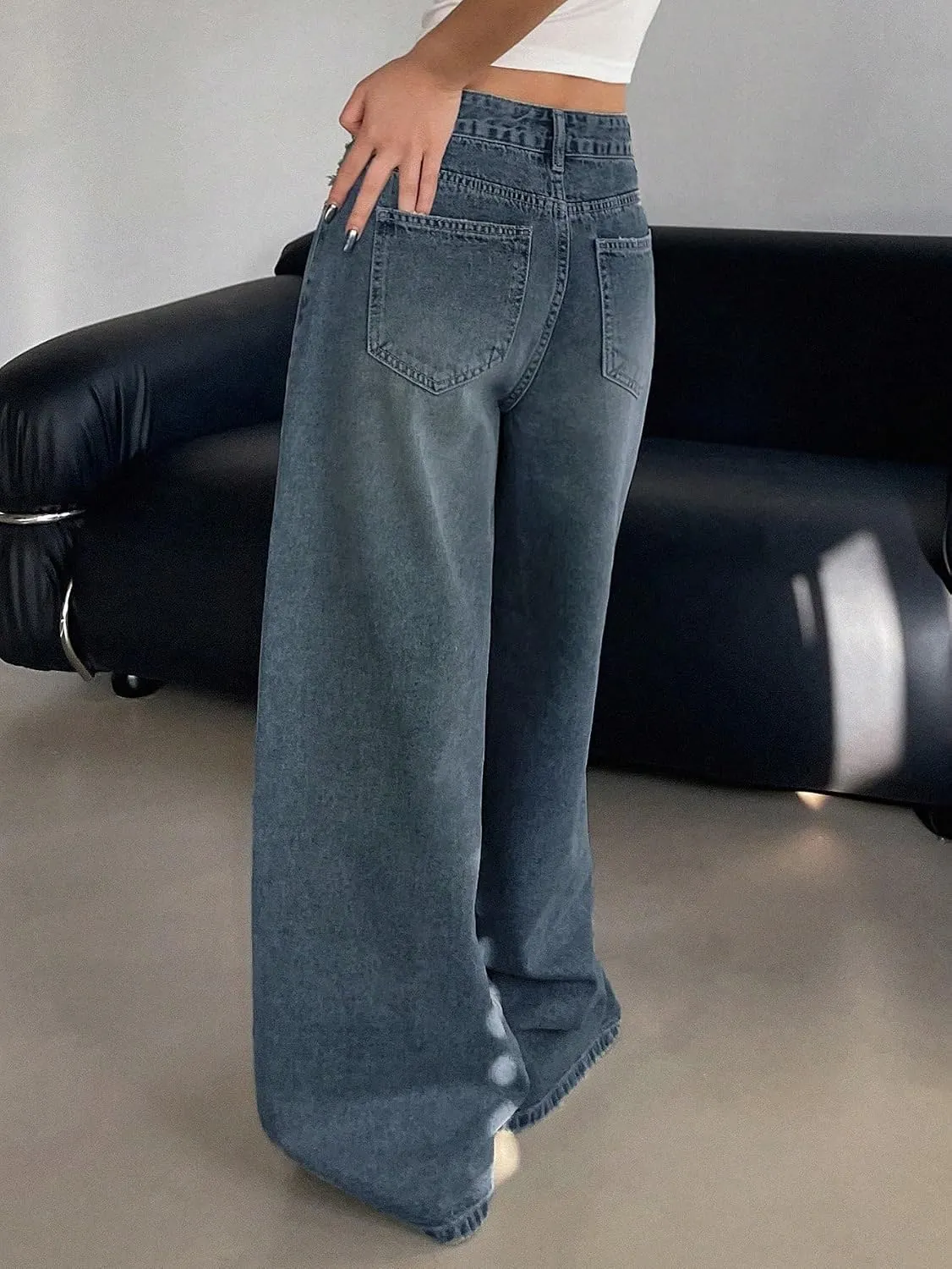 Women's Black Wide Leg Baggy Jeans Side View