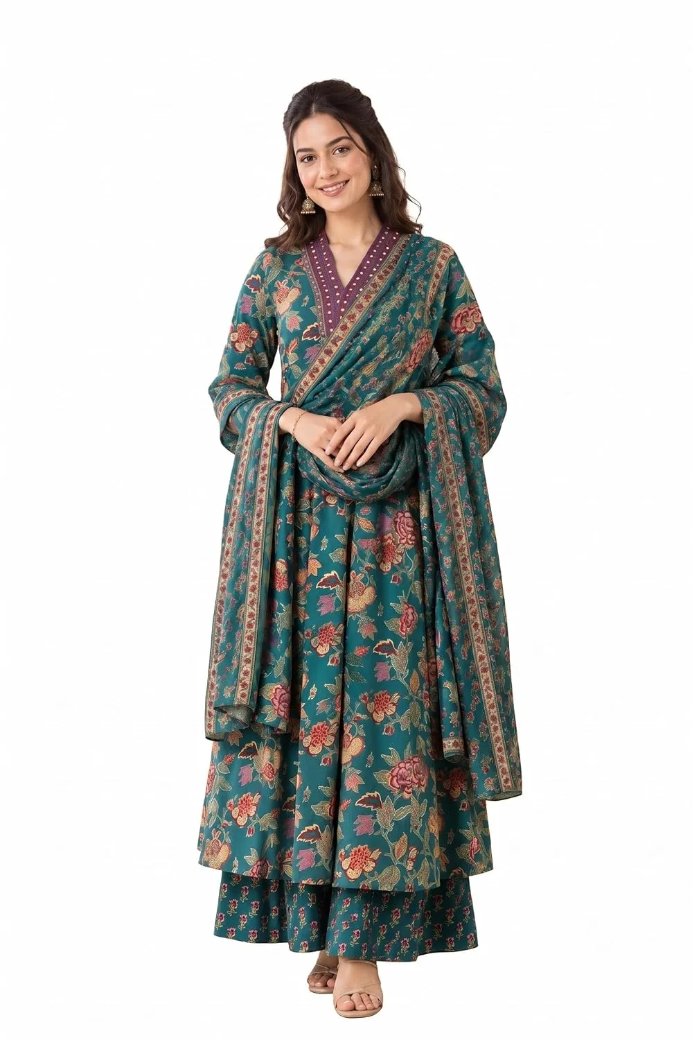 Women's Rayon Printed Anarkali Kurta and Pant with Dupatta Set - Size & Fit Proportion Showcase