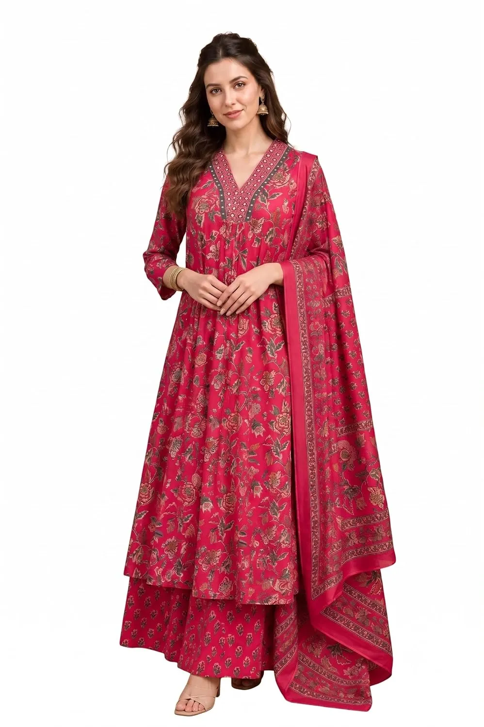 Women's Rayon Printed Anarkali Kurta and Pant with Dupatta Set - Complete 3-Piece Set Flat Layout